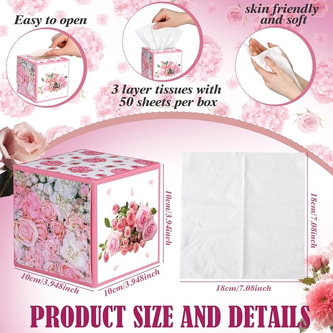 12 Pack Summer Rose Floral Facial Tissues Cube Boxes 600 Sheets 3 Ply Pink Small Square Flower Face Tissues Bulk for Summer Car Bedroom Supplies