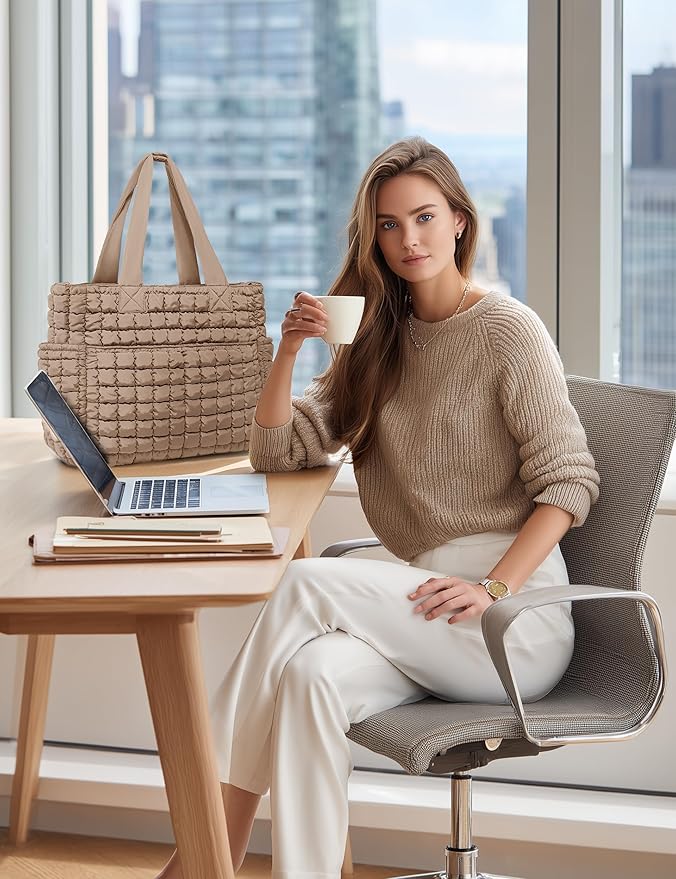 Yarnic Large Puffer Tote Bag for Women, Lightweight 21L Bag with 7 Pockets for School, Travel, Work, Gym Overnight Use