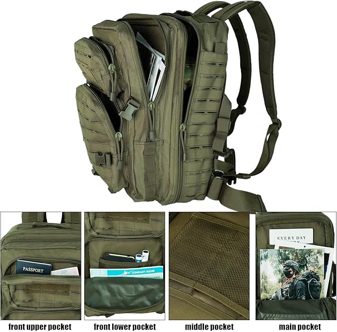 40L Tactical Backpack, Camouflage Military Bug Out Bag, Durable MOLLE Hiking Camping Gear (GREEN)