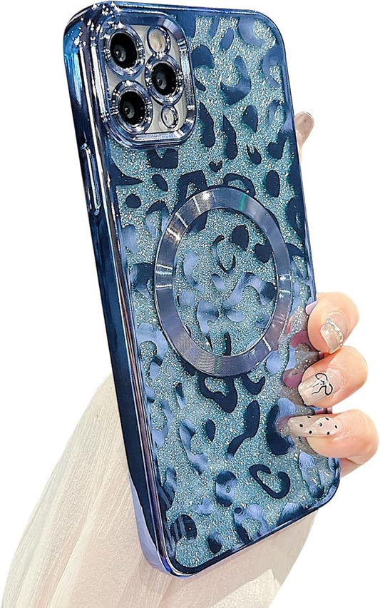 for iPhone 11 Pro Case Magnetic,Soft Cute Luxury Leopard Cheetah Pattern Plating Glitter Bling Phone Case Compatible with MagSafe Clear Shockproof Back Cover for Women Girl 5.8"-Blue