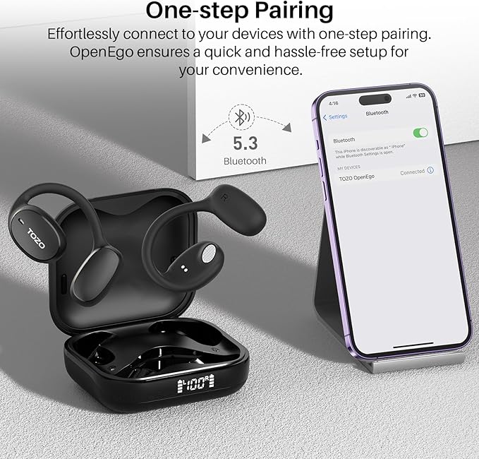 TOZO OpenEgo Open Ear Earbuds Bluetooth Headphones, 80Hrs Playtime Wireless Earbuds with Earhooks, Digital Display, 32 EQ Modes, Clear Call, Comfortable Wear, Sweat-Proof for Running Workout Black