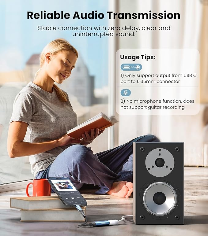 Tisino USB C to 1/4" Headphone Adapter-20cm, 384kHz/32bit USB C to 6.35mm TRS Stereo Jack Adapter Cable for Samrtphone, Laptop, Amplifiers, Mixers, Home Theater, 6.35mm Headphones-20cm