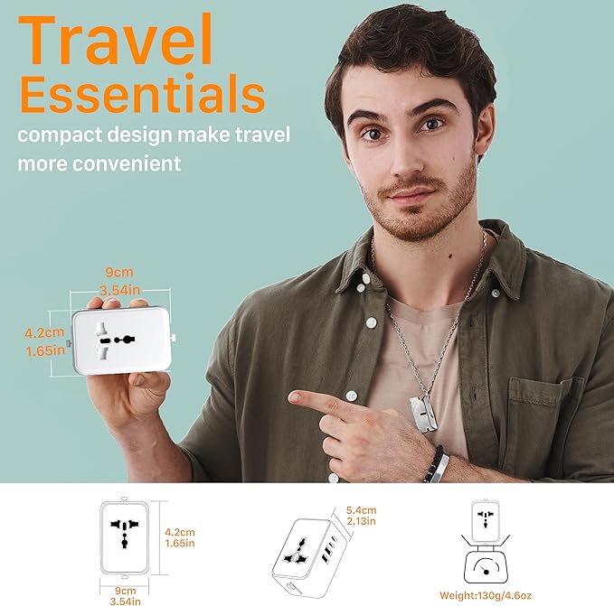 Universal Travel Plug Adapter Worldwide with 2 USB C and 2 USB A Ports, Travel Accessories Travel Charger International Travel Adapter Plug Travel Essentials USA to UK Europe Australia (White, 17W)