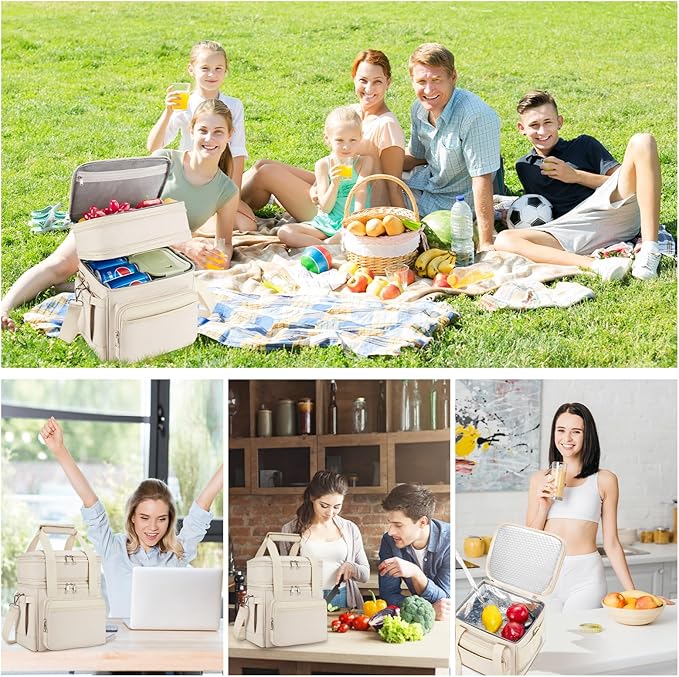 Insulated Lunch Bag & Lunch Box for Women - Double Deck Reusable Lunch Bag for men Tote Cooler Bag Leakproof Soft Expandable - Large Lunchbox for Work/Adult/Picnic/Outdoor (Cream，15L)