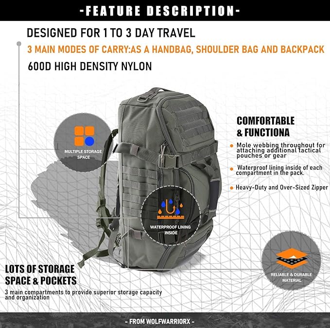 Travel Duffle Bag Backpack for Men - Large Tactical Bags Weekender Gym Bag for Overnight Traveling Military Workout Deployment Sports (Green, 25L)