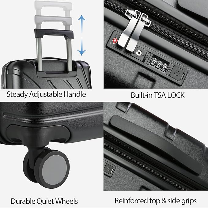 VANKEAN Carry On Luggage with Spinner Wheels & TSA Lock, Expandable Fashionable Hard Shell Suitcase airline approved，20 Inch Carry-On，Black