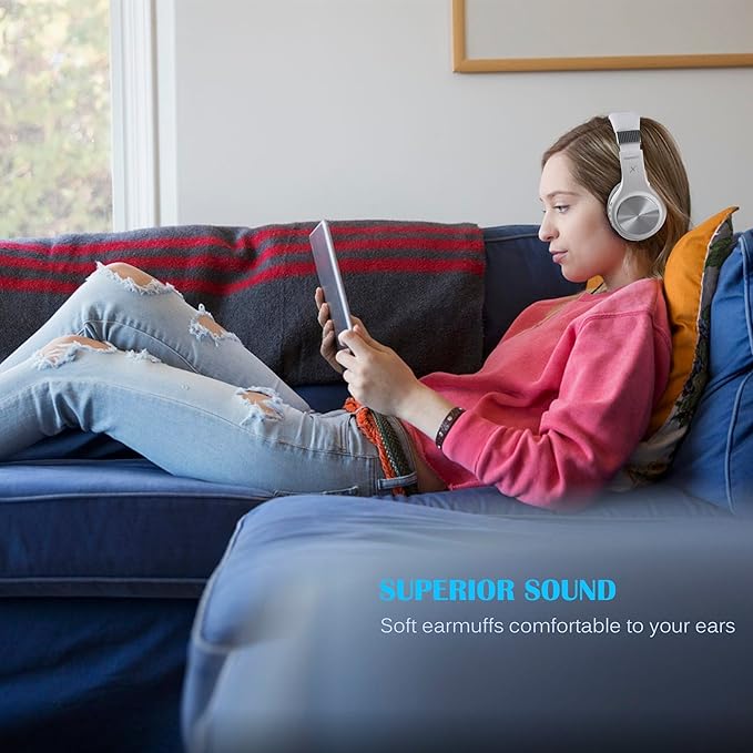 Riwbox Bluetooth Headphones, XBT-80 Folding Stereo Wireless Bluetooth Headphones Over Ear with Microphone and Volume Control, Wireless and Wired Headset for PC/Cell Phones/TV/iPad (Silver White)