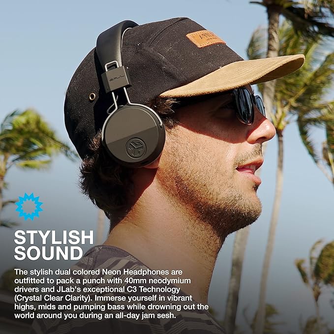 JLab Neon Bluetooth Folding On-Ear Headphones, Wireless Headphones, 13 Hour Bluetooth Playtime, Noise Isolation, 40mm Neodymium Drivers, C3 Sound (Crystal Clear Clarity), Black