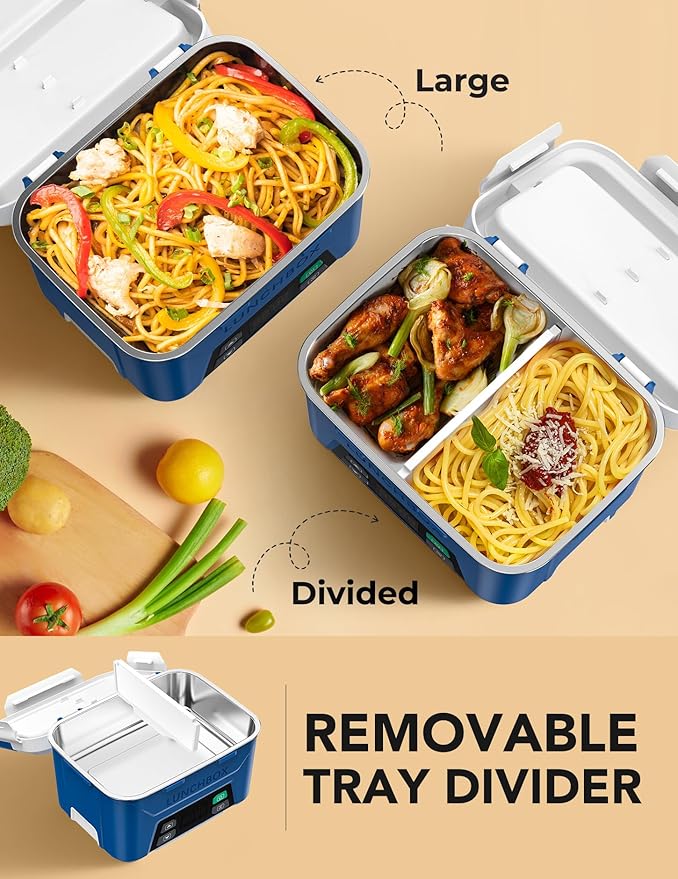 EAST OAK Cordless Electric Lunch Box for Adults, Heated Lunch Box Battery Powered with Automatic Heating, 5.5 Cups Portable Food Warmer with Removable Tray Divider