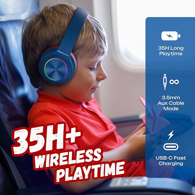 PowerLocus PLED Kids Bluetooth Headphones, Kids Wireless Headphones with LED Lights, 74/85/94dB Safe Volume, Micro SD, AUX Cable, Hi-Fi Stereo, Built-in Mic Over Ear Kid Headphone for Travel/Tablet/PC