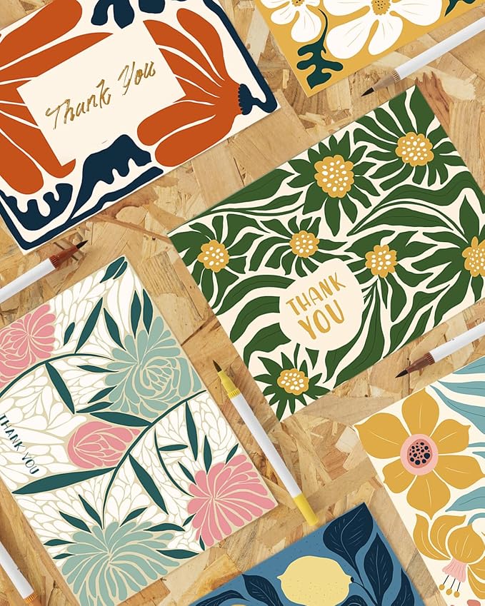 qiqee Color Contrast Flower Thank You Cards Greeting Gift Cards for Handwritten Messages 4x6 Inch 6 Design Birthday Thank You Notes (24pcs +24pcs Envelopes)