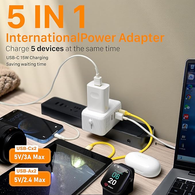Universal Travel Plug Adapter Worldwide with 2 USB C and 2 USB A Ports, Travel Accessories Travel Charger International Travel Adapter Plug Travel Essentials USA to UK Europe Australia (White, 17W)