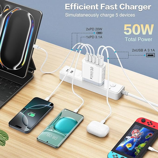 2 Pack USB C Wall Charger, 50W 5-Port PD Fast USB C Charging Block,3USB C+2USB A Multiport Plug,Type C Power Adapter Brick Cube for iPhone 16 15 14 13 12 11 Pro Max XR XS 8 7,Galaxy