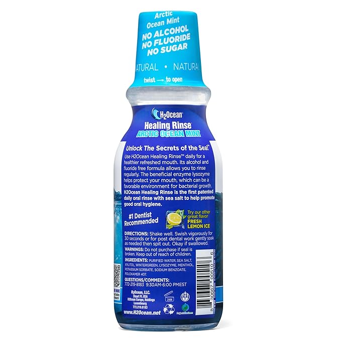 H2Ocean Healing Rinse Mouthwash- Great Tasting Sea Salt & Xylitol Mouth Wash for Fresh Breath & Dry Mouth - Alcohol & Fluoride Free - Arctic Ocean Mint 8oz
