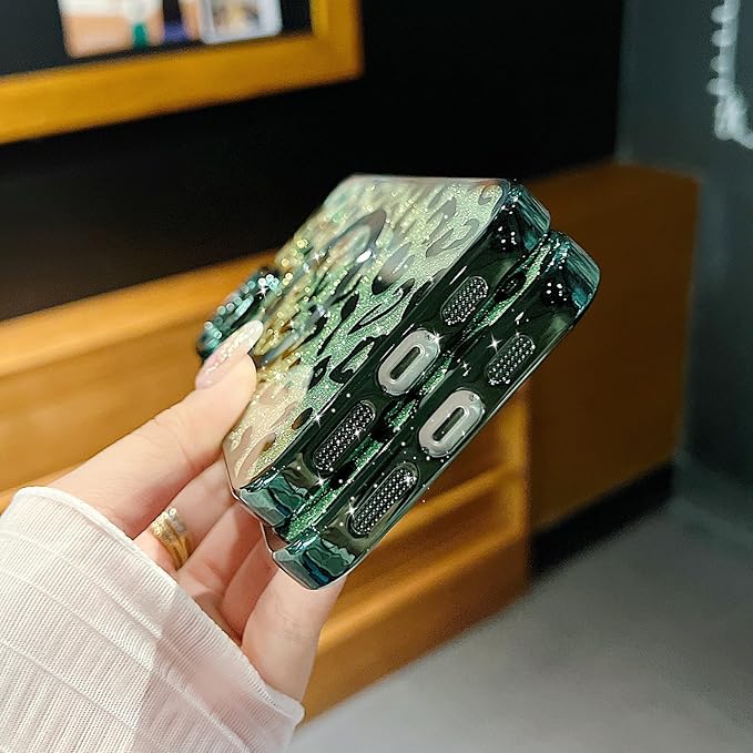 for iPhone 15 Case Magnetic,Soft Cute Luxury Leopard Cheetah Pattern Plating Glitter Bling Phone Case Compatible with MagSafe Clear Shockproof Back Cover for Women Girl 6.1"-Green