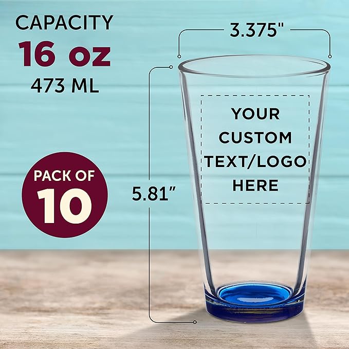 Custom Arc Pint Glass 16 oz. Set of 10, Personalized Bulk Pack - Beer Glasses, Heavy Duty Drinkware - Blue