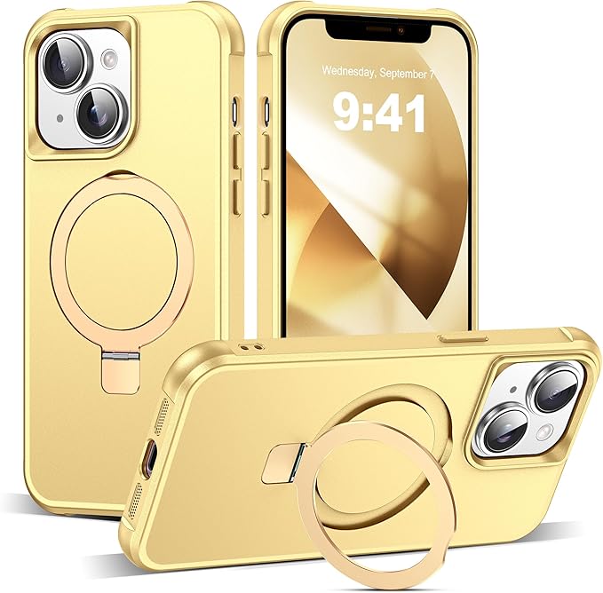 Compatible with iPhone 13 Case & iPhone 14 Case with Invisible Magnetic O-Ring Stand Phone Cases for 13 & 14 6.1" [Compatible with Mag-Safe][Great Grip Feeling], Gold