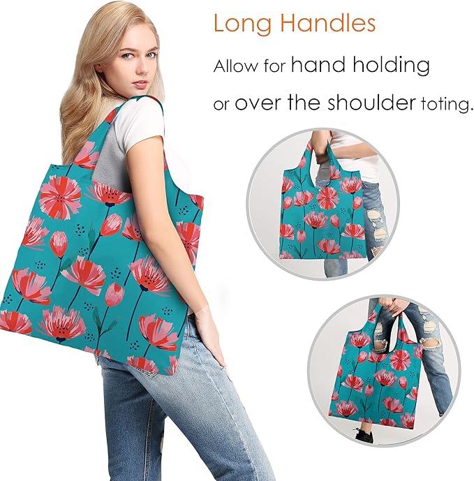 BeeGreen Reusable Grocery Bags 6 Pack, Heavy Duty Totes for Women, Foldable Grocery Bag Large Shopping Totes with Handles for Work, Travel, Gift, Store, Polyester Washable Reusable Tote Bag