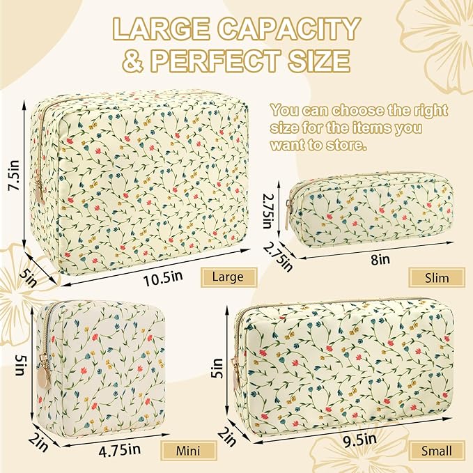 Waterproof Small Floral Pencil Case Makeup Bag for Purse,Cute Flower Pencil Pouch Preppy Nylon Makeup Brush Holder with Zipper,Girls Portable Storage Case Pen Bag for Work(Slim Light Yellow-Flowers)