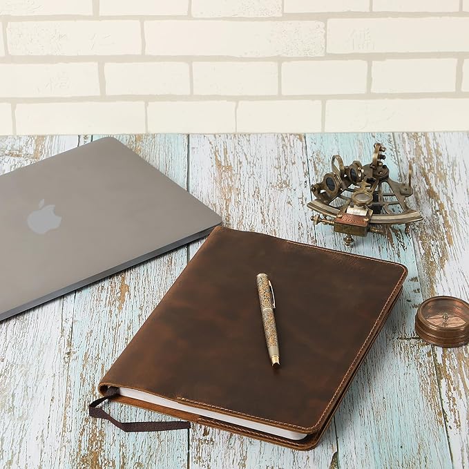 Brown Leather Journal Cover, Distressed XL Journal 7.5x9.75 Handmade Leather Notebook Bible Cover Travelers Notebook Refillable Planner B5 Composition Notebook Holder