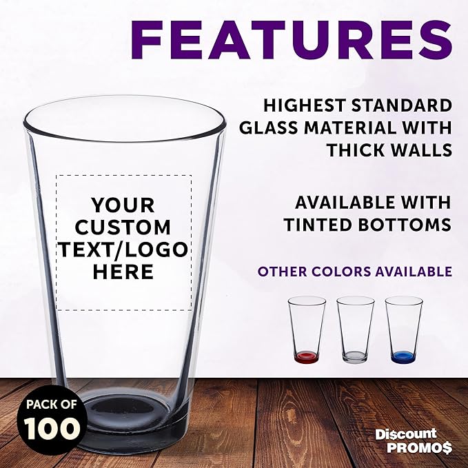 Custom Libbey Pint Glass 16 oz. Set of 100, Personalized Bulk Pack - Beer Glasses, Heavy Duty Drinkware - Black