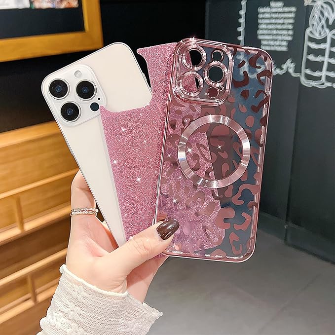 for iPhone 16 Pro Max Case Magnetic,Soft Cute Luxury Leopard Cheetah Pattern Plating Glitter Bling Phone Case Compatible with MagSafe Clear Shockproof Back Cover for Women Girl 6.9"-Pink