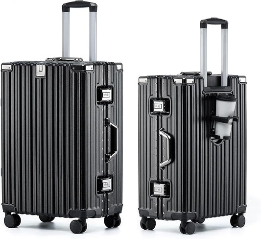 HotWay 24 Inch Aluminum Frame Luggage with Spinner Wheels, PC Hard Shell Suitcase with Cup Holder, Zipperless Luggage for Business Travel, Black