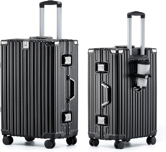 HotWay 20 Inch Aluminum Frame Carry On Luggage with Spinner Wheels, PC Hard Shell Suitcase with Cup Holder, Zipperless Luggage for Business Travel, Black
