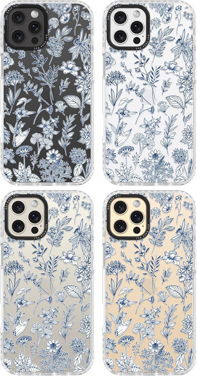 for iPhone 16 Pro Case, Vintage Botanical Pattern with Blue Flowers, Military-Grade Drop Protection, Elegant Soft Slim TPU Protective Cover with Camera Lens Protection for Women & Girls