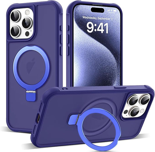 Compatible with iPhone 15 Pro Case with Invisible Magnetic O-Ring Stand Military-Grade Translucent Case for iPhone 15 Pro 6.1" [Compatible with Mag-Safe][Great Grip Feeling], Navy