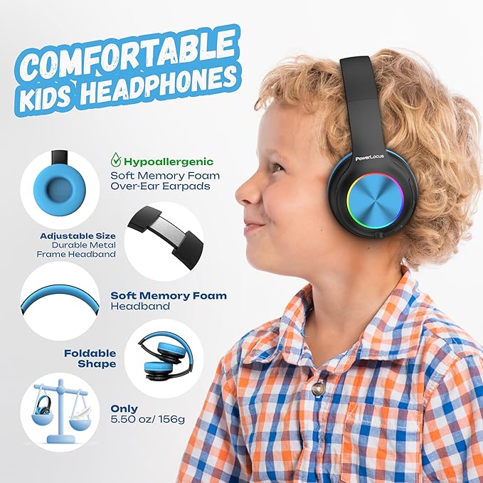 PowerLocus PLED Kids Bluetooth Headphones, Kids Wireless Headphones with LED Lights, 74/85/94dB Safe Volume, Micro SD, AUX Cable, Hi-Fi Stereo, Built-in Mic Over Ear Kid Headphone for Travel/Tablet/PC