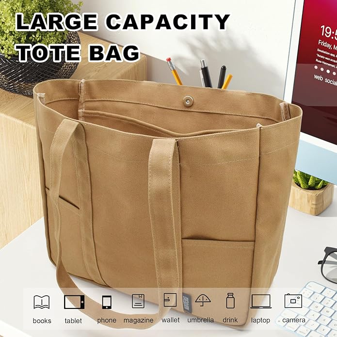 TeeYee Women's 20L Canvas Tote Bag Reusable Multi-Pocket Organizer for Travel Work Gym Shopping Large Shoulder Bag