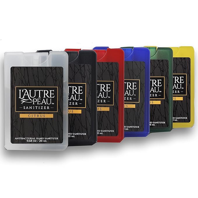Travel Hand Sanitizer Spray with Aloe Vera by L’AUTRE PEAU - Unique Flat Credit Card Shape - Citrus Scented Mini Pocket Size (6 Pack - 20ML, Frost,Black,Red,Blue,Green,Yellow)