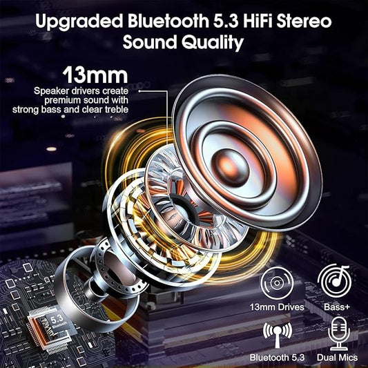 Bluetooth Headset V5.3, Wireless Earpiece with Dual ENC Noise Canceling Mic, 120H Hand-Free Talk Single-Ear Bluetooth Earpiece with LED Display, IP7 Waterproof Headphones for Trucker/Business, Purple