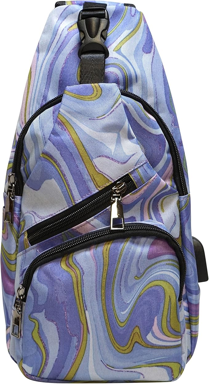 Anti-Theft Daypack Crossbody Sling Backpack, USB Charging Connector Port, Lightweight Day Pack for Travel, Hiking, Everyday, Regular, Amethyst Swirl
