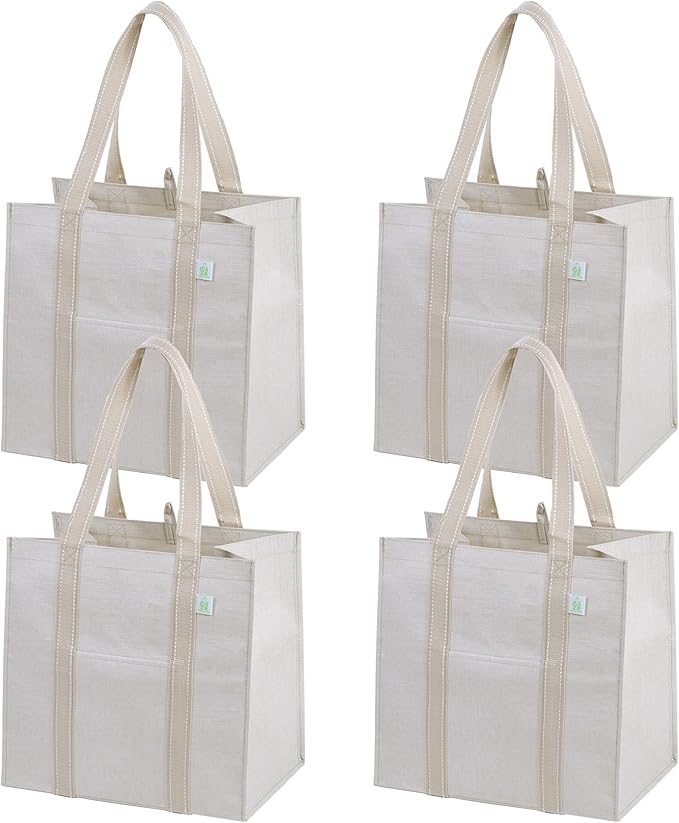 VENO 4 Pack Reusable Grocery Bags, Heavy-Duty Shopping Bags with Handles, Bags for Shopping Cart with Hard Bottom to Stand Upright, Foldable, Multi-Purpose, Sustainable (Beige, 4 Pack)