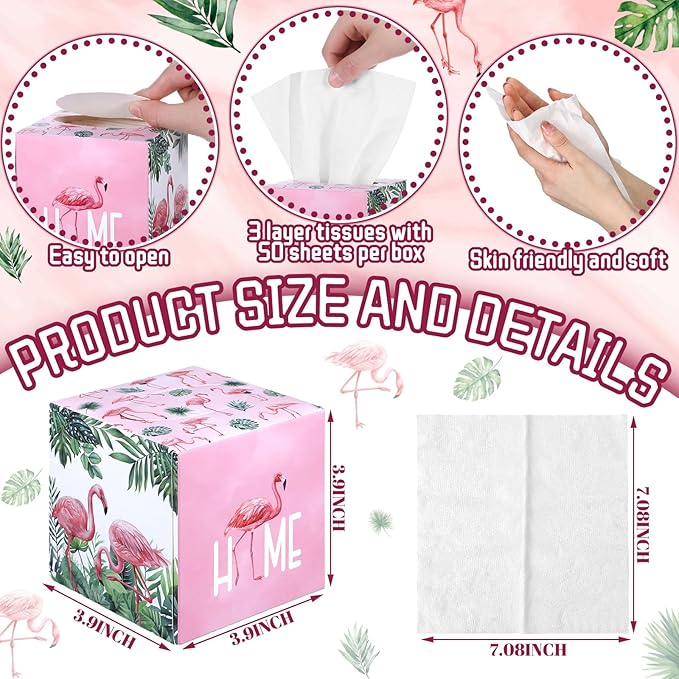 12 Pack Summer Flamingo Facial Tissues Cube Face Boxes 600 Sheets 3 Ply Small Pink Flamingo Square Tissues Bulk for Summer Tropical Hawaii Car Bedroom Party Supplies