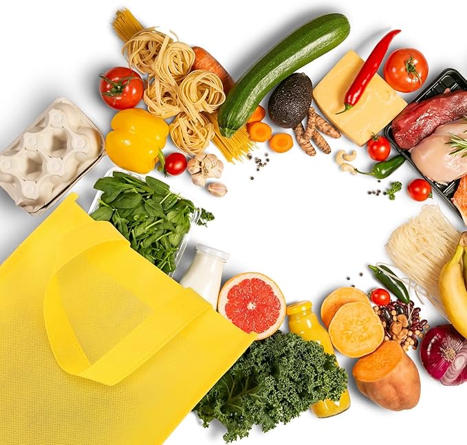 Jexine 100 Pcs Non Woven Tote Bags Large Reusable Gift Grocery Foldable Fabric Shopping Bags Multi Color Party Treat Reusable Goodie Totes with Handles for Party Holiday Favor, 14 x 10 x 4 In