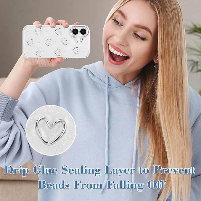 EYZUTAK Case for iPhone 16, Bling Glitter 3D Hearts Phone Case Cute Sparkly Crystal Clear Heart Aesthetic Design Case Slim Soft Durable TPU Transparent Protective Cover for Women Girls - Heart