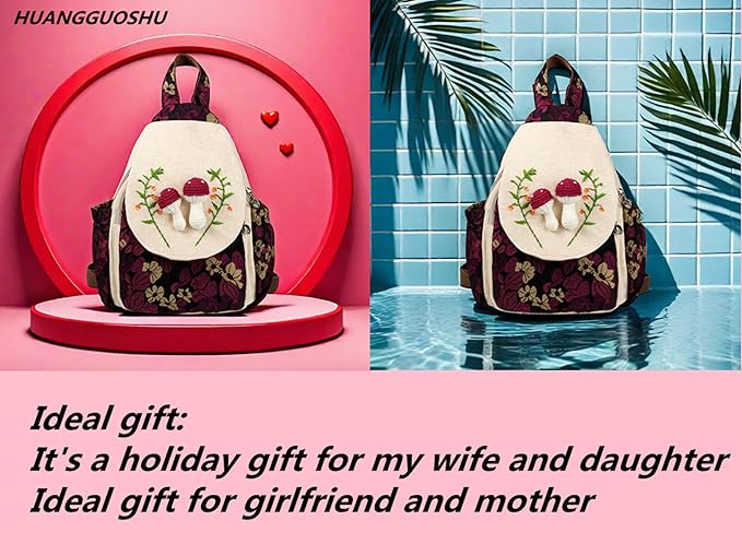 HUANGGUOSHU Bohemian Hand-Knit Mini Backpack for Women - Stylish, Functional, and Ideal for Travel, School, and Work Mushroom Backpack