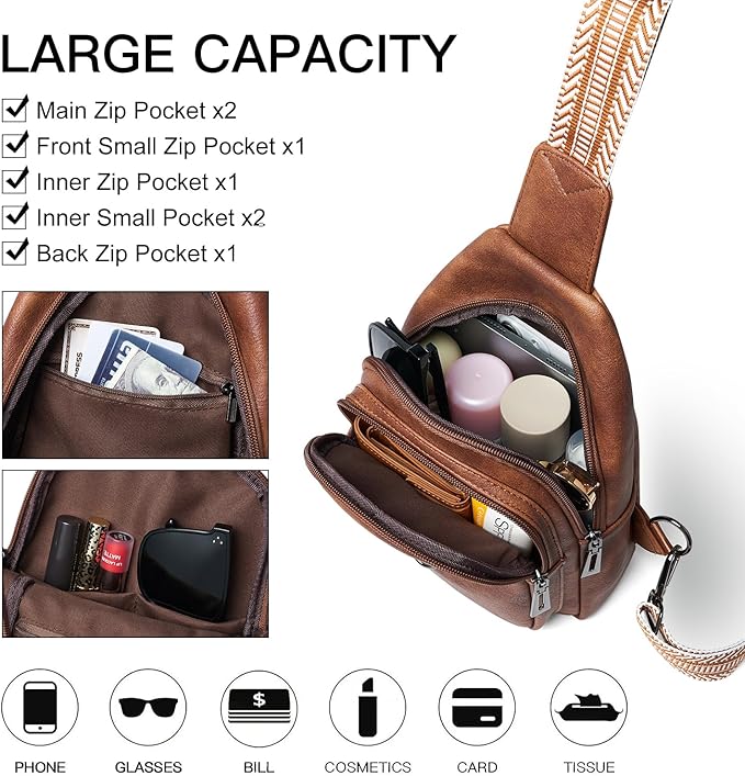 7L Sling Bag for Women Men Crossbody Belt Bag Small Travel Sling Backpack Anti Theft Chest Daypack Purse Faux Leather