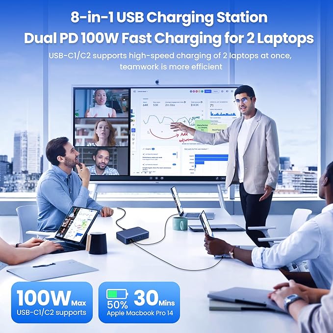 USB C Charger 415W USB C Charger Block, 8-Ports GaN IV Fast Charging Station Hub,Dual PD 100W Laptop Charger Adapter,for MacBook Pro/Air/iPad/iPhone16/15/14/13/Apple Watch/DELL/Samsung for Home(Blue)