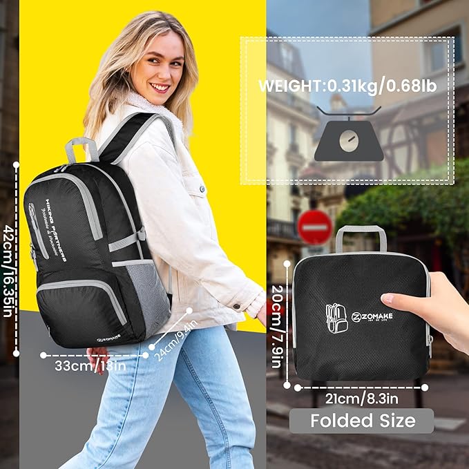 ZOMAKE Lightweight Packable Backpack, 35L Light Foldable Hiking Backpacks Water Resistant Collapsible Daypack for Travel(Black)