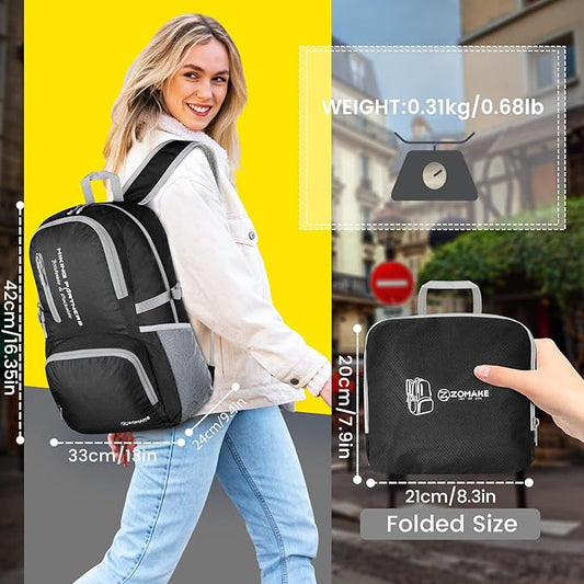 ZOMAKE Lightweight Packable Backpack, 35L Light Foldable Hiking Backpacks Water Resistant Collapsible Daypack for Travel(Black)