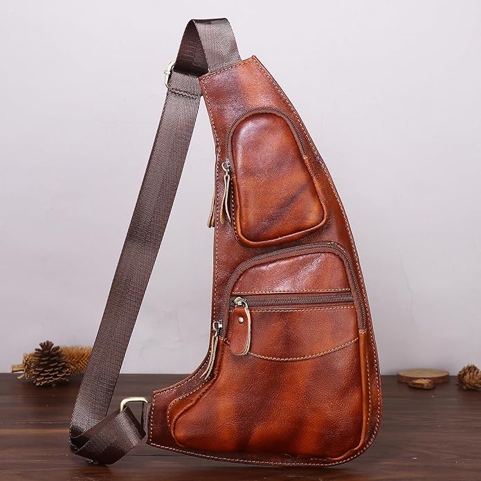 Genuine Leather Sling Bag for Men Women Backpack Chest Shoulder Satchel Crossbody Bags Casual Outdoor Daypack