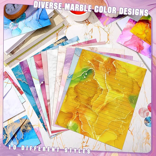 TaoBary 160 Pcs Stationery Paper Set 50 Double Sided Stationery Papers with 50 Matching Envelopes and 60 Round Dot Sticker, 10 Design(Marble,8.5 x 11 Inch)