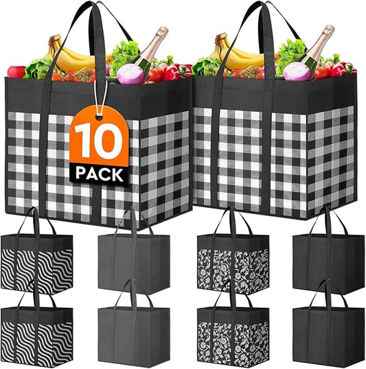 WISELIFE Reusable Grocery Shopping Bags 10 Pack Large Foldable Tote Bags Bulk, Eco Produce Bags with Long Handle for Shopping Groceries Clothes (Plaid D)