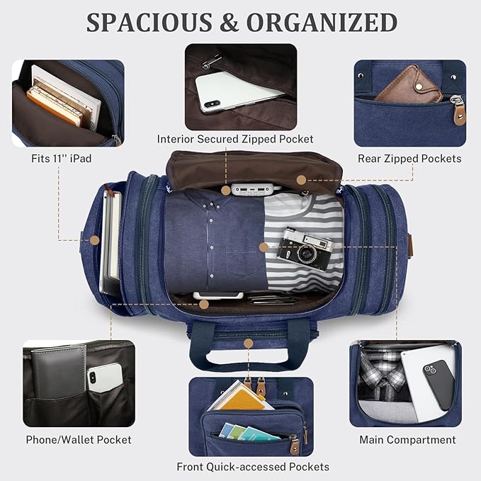 Gonex Canvas Duffle Bag for Travel 50L Expandable Duffel Weekend Overnight Bag men (Blue)