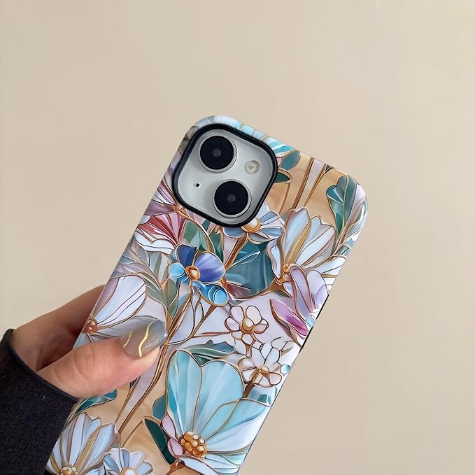 QLTYPRI Flower Case for iPhone 14 Plus/15 Plus, Aesthetic Cute Floral Phone Case for Girls Women, Protective Hybrid 2-Layer Hard Shell Silicone Cover Durable Shockproof Phone Cover - Purple Lotus