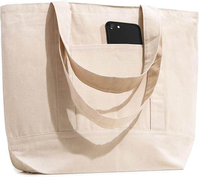 Carrywell |Not Made in China| 3 Pack Cotton Tote Bags, Reusable Grocery Shopping Bag with Zipper Closure and Front Pocket, Heavy Duty Organic Cloth w/Handles